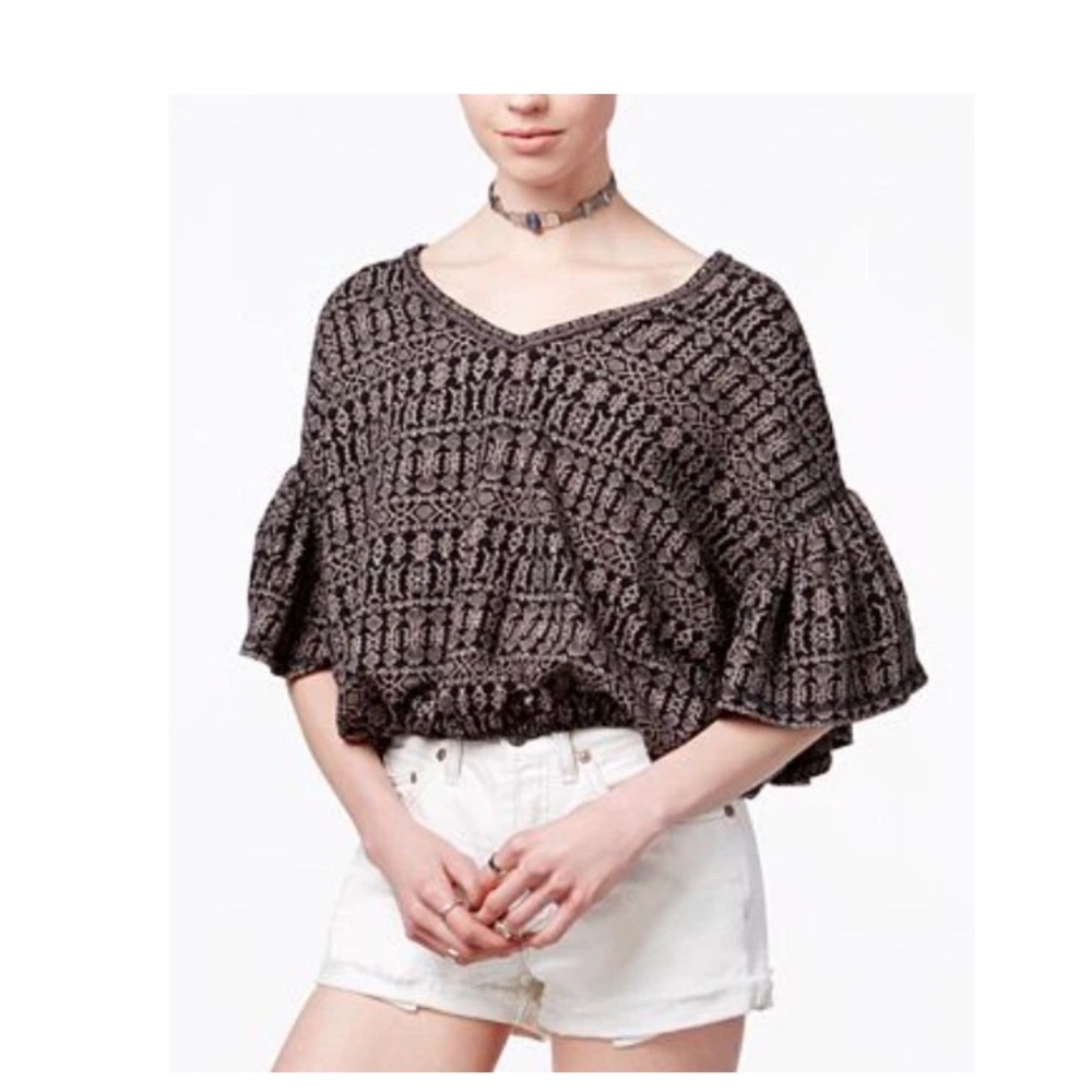 Free People Full Bloom Peasant Top Small Black Tan Flutter Sleeve Cotton Slouchy